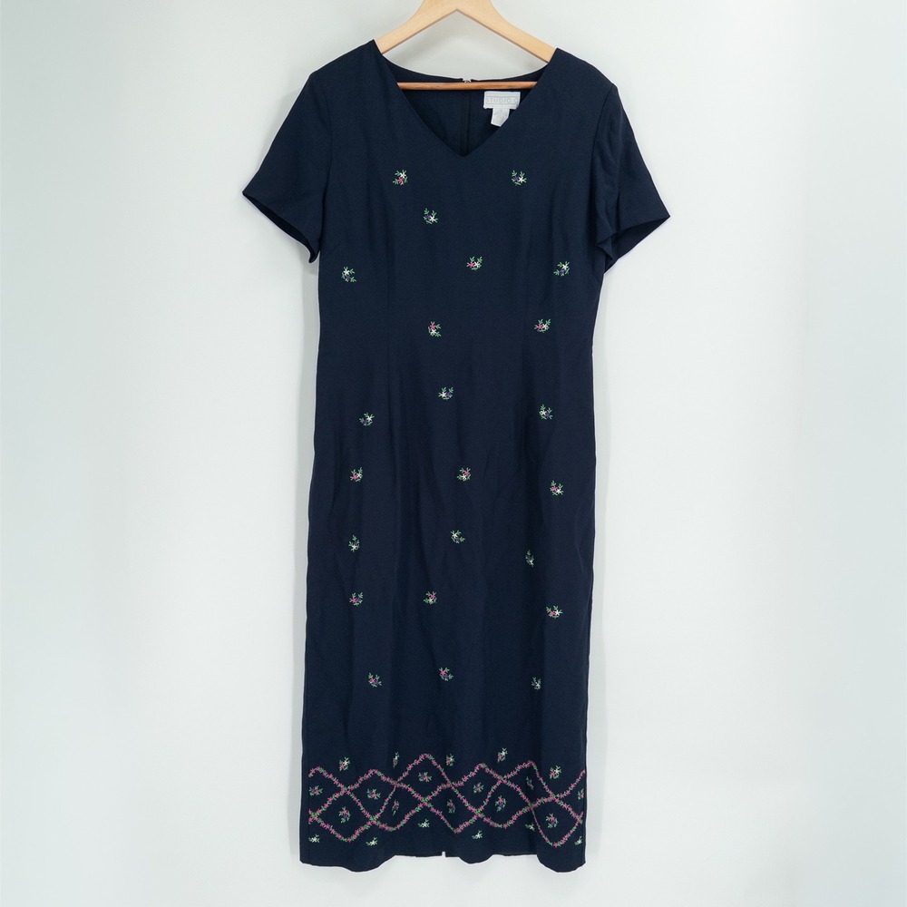 Vintage 90s Midi Dress Womens 16 Navy Blue Embroidered Cottagecore Miss Honey